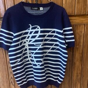 Lauren  Ralph Lauren black label 
Women Size L short sleeve navy 
Stripe sweater